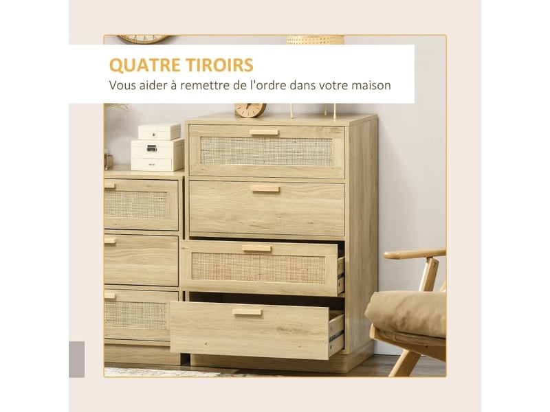  Commode design bohème en rotin avec 4 tiroirs, meuble de rangement pour le salon, le couloir, l'entrée, bois naturel  - Conforama D