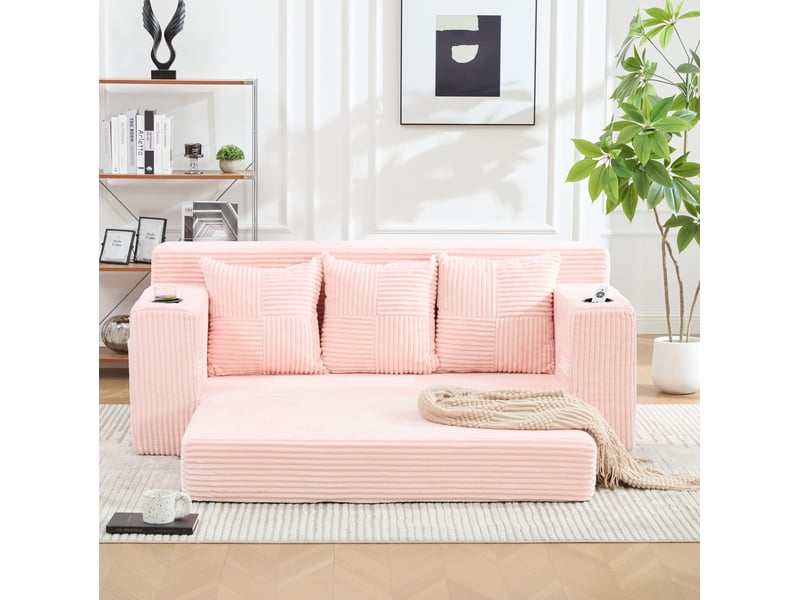  Canapé modulable 3 places 172 x 87 x 64 cm rose en velours côtelé, porte-gobelets et poches latérales  - Conforama B