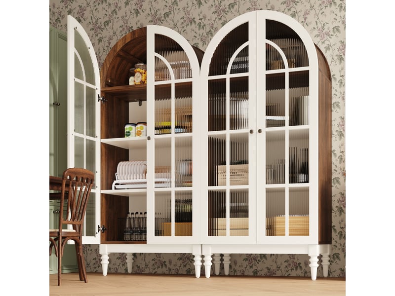 Meuble de cuisine muvano, vitrine haute 165 cm, façade arquée blanche et portes en verre strié - Conforama C