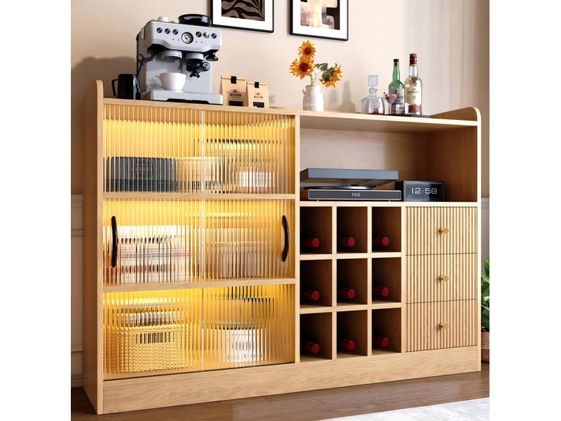  Buffet bas de rangement 120x30x85 cm, avec porte-bouteilles et éclairage led, panneau de particules bois, style épuré  - Conforama B
