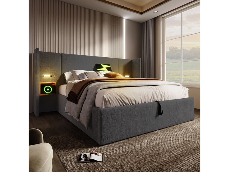  Lit double 160x200 cm avec matelas inclus, rangements, table de nuit, lampe tactile, ports usb-c, sommier en bois  - Conforama D