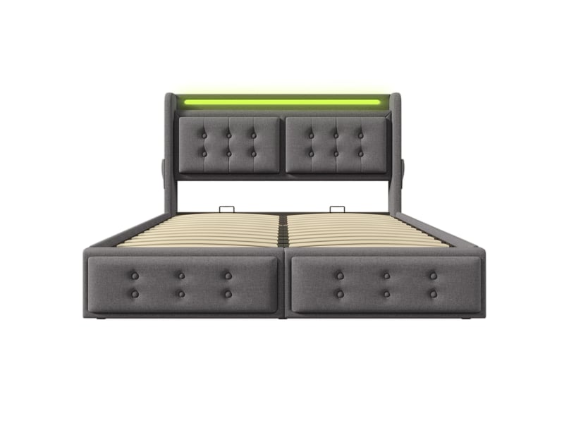 Lit coffre adulte 160x200 cm – gris – tête de lit led, ports usb-c et rangement hydraulique, sans matelas - Conforama D