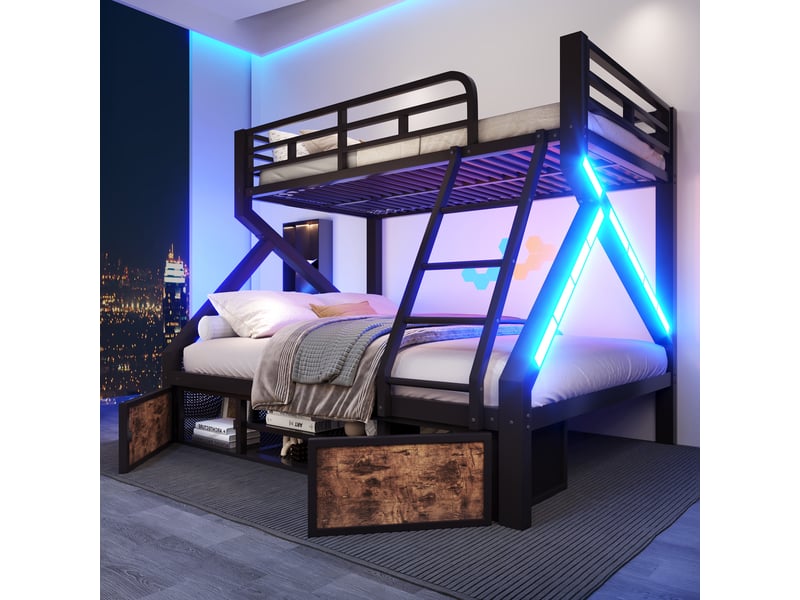  Lit superposé familial 3 couchages 90x200140x200 cm avec éclairage led, meuble à chaussures, rangements, garde-corps, échelle, métal et mdf noir  - Conforama B