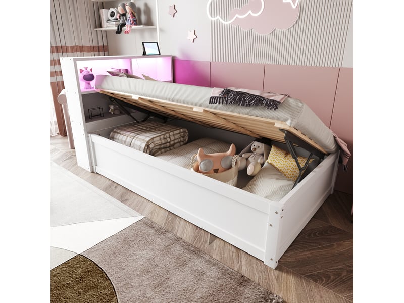  Lit simple 90x200 cm avec led et prise, cadre de lit adulte avec tête de lit de rangement, blanc, lit simple en bois massif  - Conforama C
