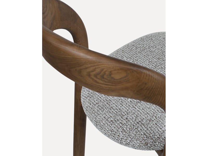  Tabouret de bar avec dossier incurvé, assise rembourrée et repose-pieds en bois et tissu noyer et gris clair  - Conforama E