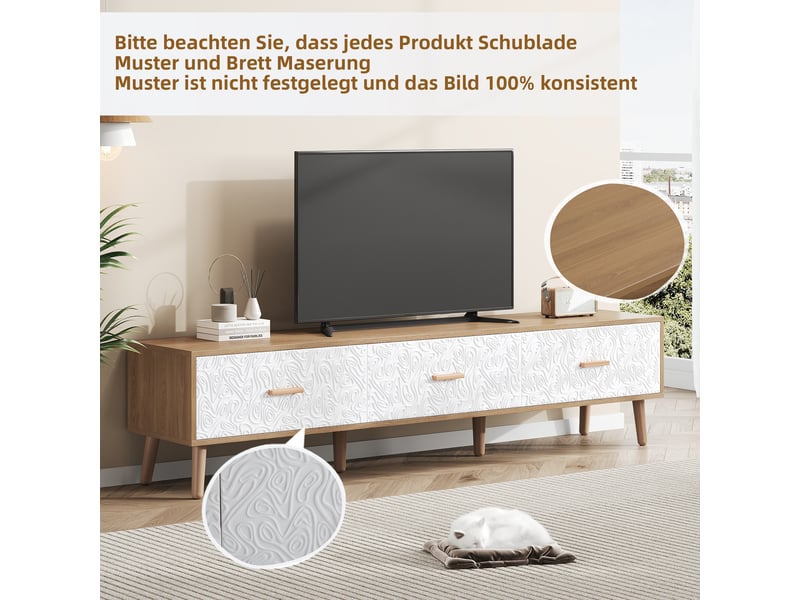  Meuble tv vintage bois clair 150 cm avec 3 tiroirs et portes texturées blanches, supporte 60 kg pour salon  - Conforama E