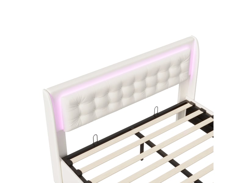  Kefsr lit coffre 180x200 cm en velours beige avec éclairage led rgb et 2 tiroirs - lit double adulte capitonné avec sommier relevable (matelas non inclus)  - Conforama W