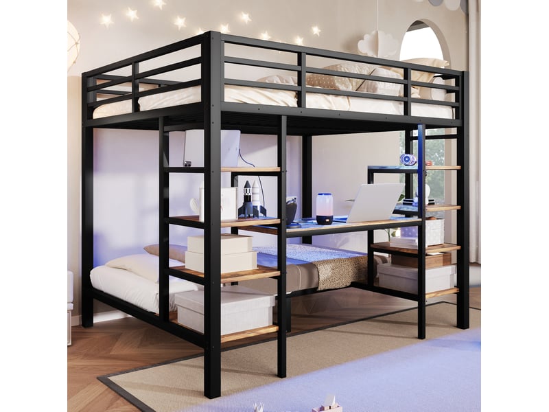  Lit superposé 90x200 cm et 140x200 cm avec led et rangements noir  - Conforama D