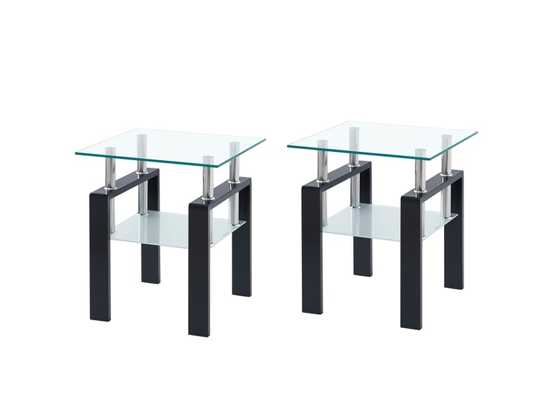 Table basse en verre trempé 50,5x50,5x23 cm – transparent – double plateau, pieds noirs, style moderne - Conforama A