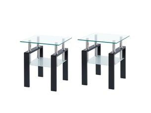 Table basse en verre trempé 50,5x50,5x23 cm – transparent – double plateau, pieds noirs, style moderne