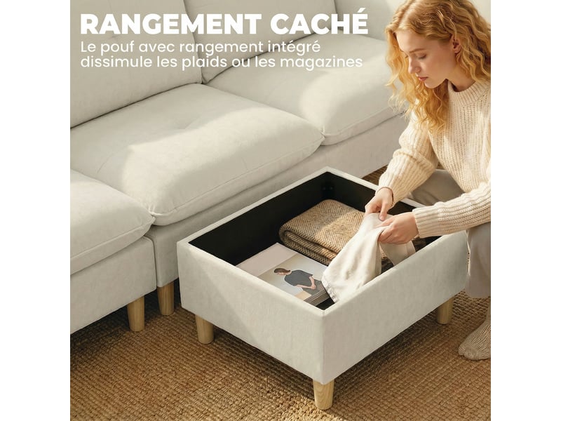  Canapé 3 places avec pouf de rangement, canapé d'angle modulable 210 cm, assise large, crème, tissu aspect lin  - Conforama E