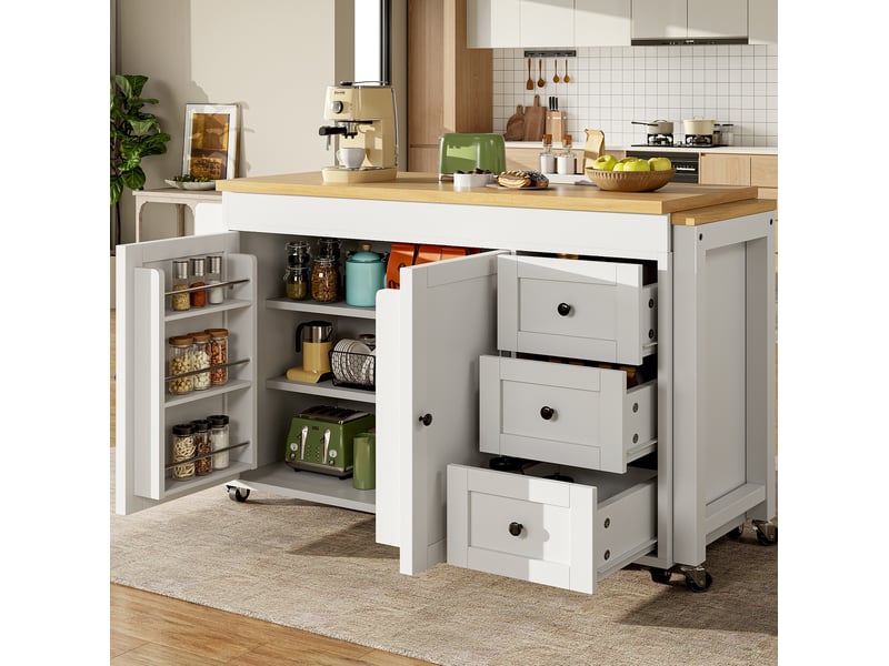 Desserte de cuisine extensible avec 3 tiroirs, 2 portes, étagères latérales et roulettes, blanche mobile en mdf - Conforama E