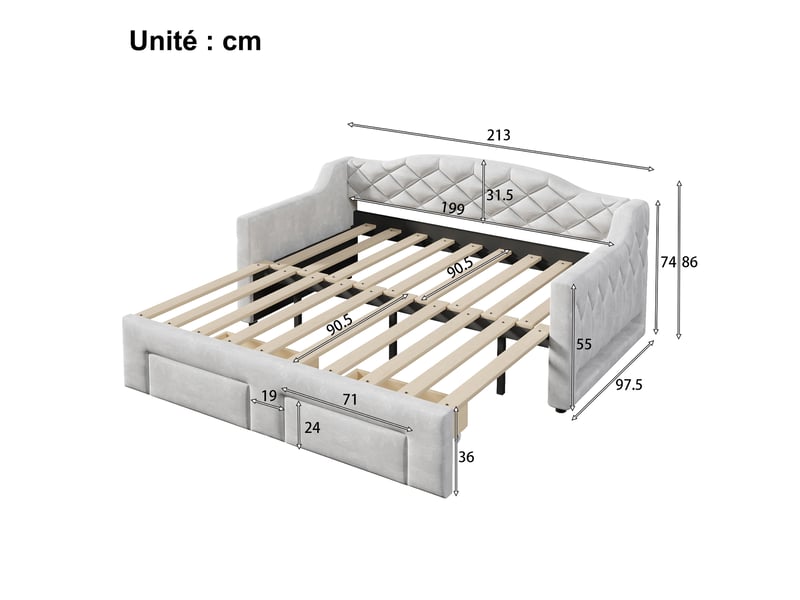  Lit gigogne 90 x 200 cm extensible à 180 x 200 cm avec 2 tiroirs et led, velours gris  - Conforama C