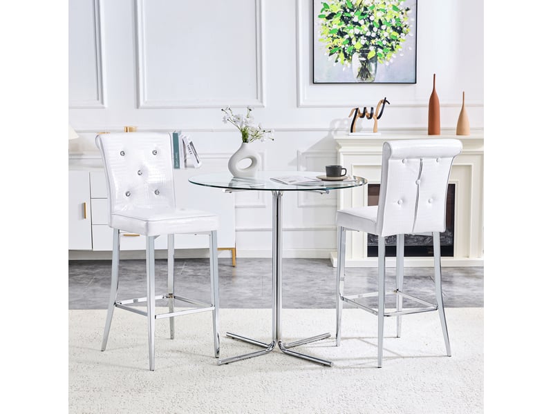 Tabouret de bar lot de 2 avec dossier haut, repose-pieds et boutons décoratifs, pieds en métal chromé, pvc blanc - Conforama D