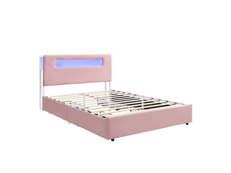 Lit enfant capitonné 140 x 200 cm, rose, avec 4 tiroirs latéraux, tête de lit avec espace de rangement ouvert, étagères sur le dessus et les côtés, éclairage led contrôlé par application - Conforama D