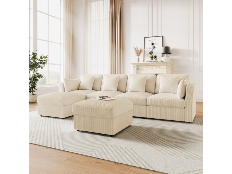 Canapé d'angle panoramique fixe 4 places velours côtelé beige canapé d'angle beige - Conforama D