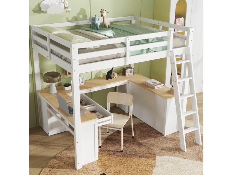  Lit mezzanine enfant 140x200 cm, avec bureau en u, deux tiroirs, rangements, bois et mdf, blanc naturel, sans matelas  - Conforama D