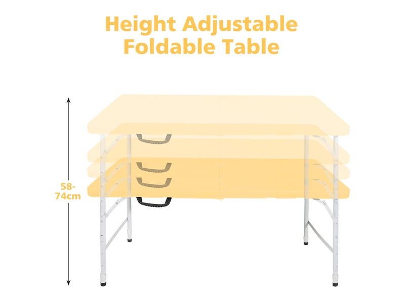  Table de jardin pliante réglable avec poignée et pieds en acier pour pique-nique, repas et réception en intérieur, jaune  - Conforama D