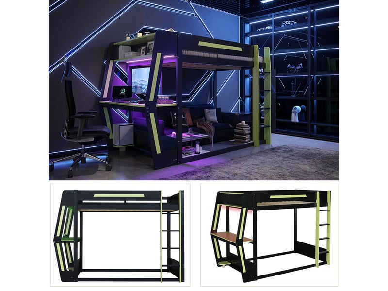  Lit mezzanine 120x200 cm avec bureau gaming et éclairage led noir et vert  - Conforama D