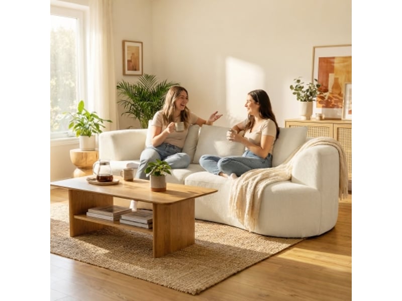  Canapé 3 places en chenille 260 cm, canapé salon, assise large, 3 coussins, pas de montage nécessaire, crème  - Conforama B
