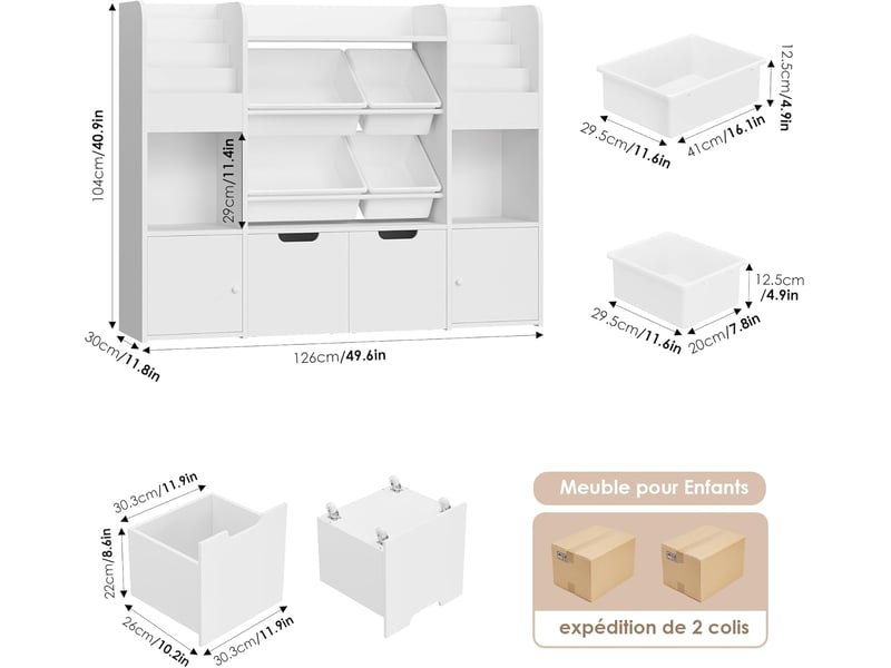  Meuble rangement enfant bibliothèque enfant boîtes amovibles blanc  - Conforama C