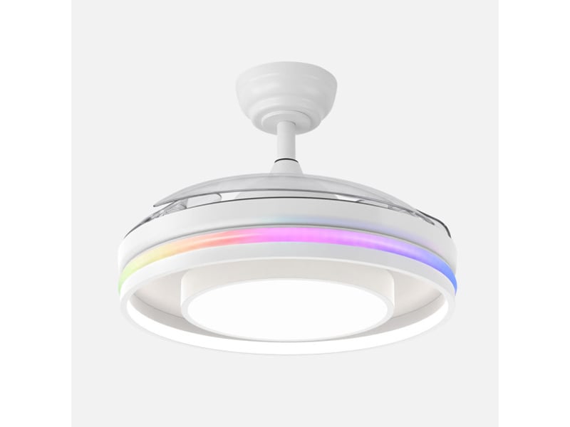  Fabrilamp pitufo plafonnier ventilateur led 57 w, 3990 lm, rgb, moteur dc, 3 pales rétractables, ø 107 cm, blanc 242891368 - Conforama E