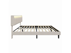 Lit 140x200cm - lit double 140x200cm - lit rembourré en tissu lin avec tête de lit à étagère, led rgb et usb - beige