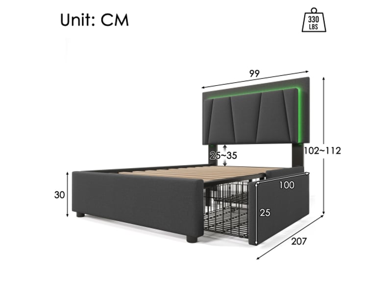 Lit enfant 90x200 cm – gris – led, tête de lit réglable, 2 tiroirs de rangement et matelas inclus - Conforama C
