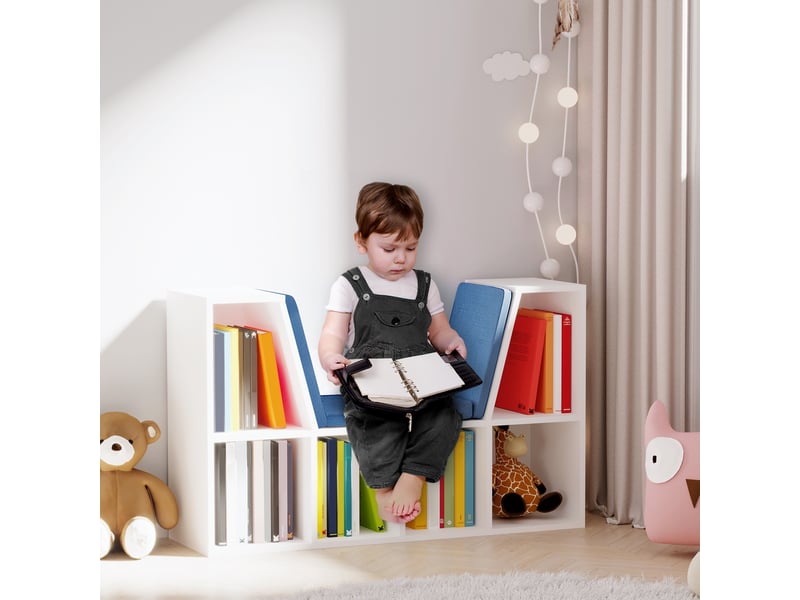 Bibliothèque banc 2 en 1 avec coussin, 6 compartiments ouverts, bleu, 102×30×61 cm - Conforama C