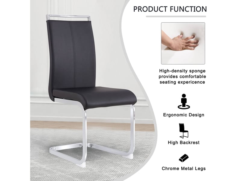  Lot de 4 chaises cantilever noires – simili cuir, piètement métal chromé, charge maxi 120 kg  - Conforama D