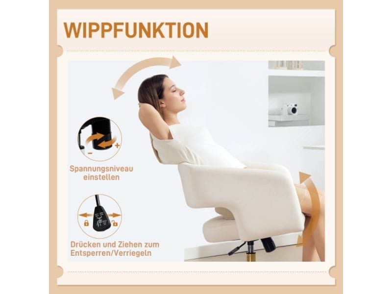 Chaise de bureau à roulettes en velours crème, réglable en hauteur, inclinable, confortable - Conforama D