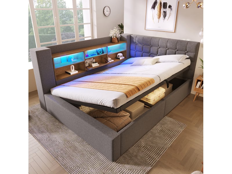  Lit coffre 140 x 190 cm gris en tissu de lin avec led, rangements et tête de lit réversible  - Conforama D