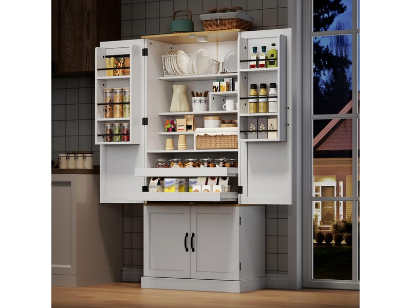  Armoire de cuisine blanche 180 cm, meuble de rangement avec capteur de mouvement, étagères réglables et tiroirs, mdf  - Conforama C