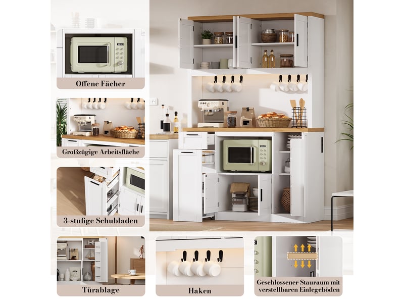Buffet haut de cuisine 120x40x182 cm avec led rgb, 2 prises, 2 usb, 3 tiroirs, étagères réglables, crochets, rangement de porte, blanc et bois naturel - Conforama E