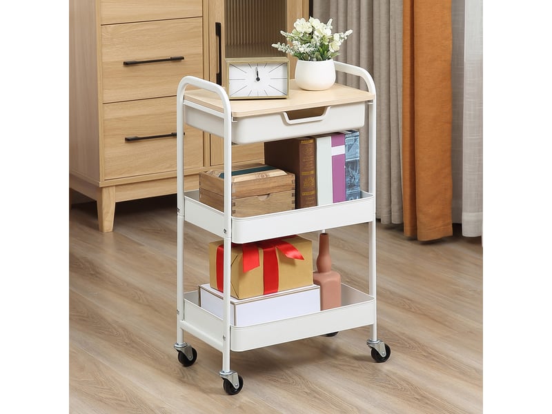 Desserte de cuisine chariot de service 2 étagères tiroir plateau aspect bois acier clair pp blanc - Conforama D