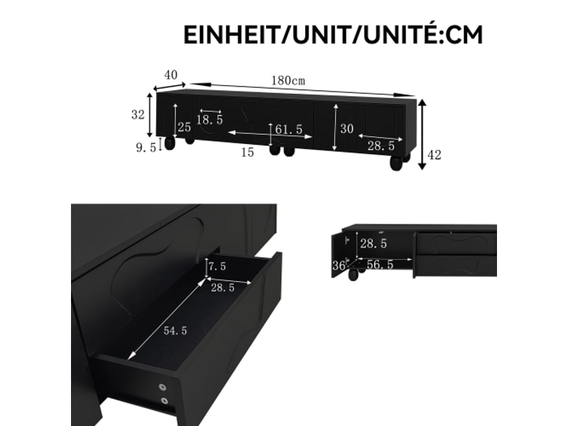  Meuble tv noir, meuble tv 180 cm avec pieds en bois, un design unique et des options de rangement flexibles  - Conforama D