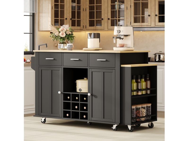  Desserte de cuisine extensible avec 3 tiroirs, range-bouteilles et prises usb, sur 7 roulettes, noir et naturel  - Conforama B