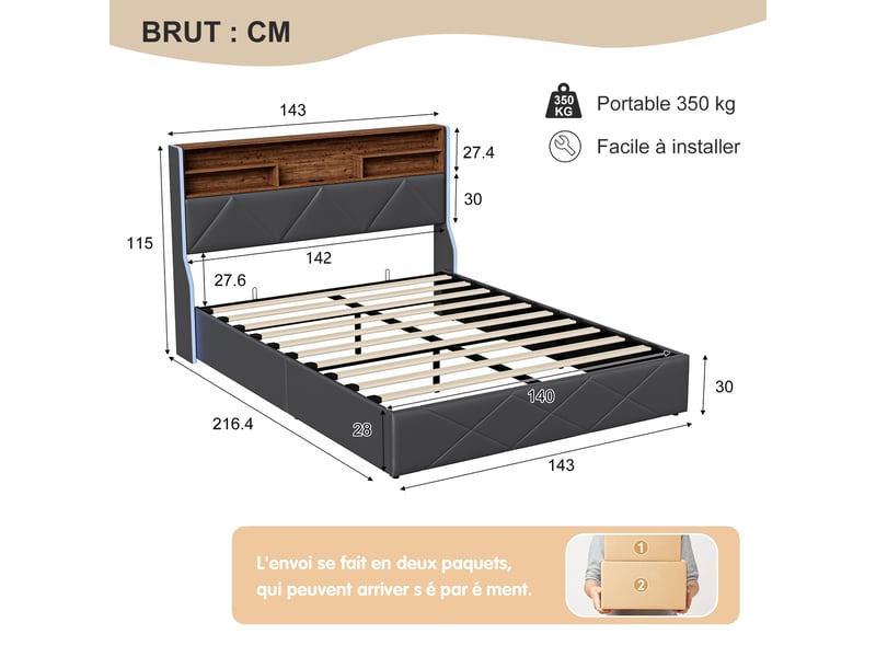  Lit coffre 140x200cm - lit double 140x200 - lit adulte 140x200 - tête de lit avec led et ports usb - design géométrique - noir  - Conforama E