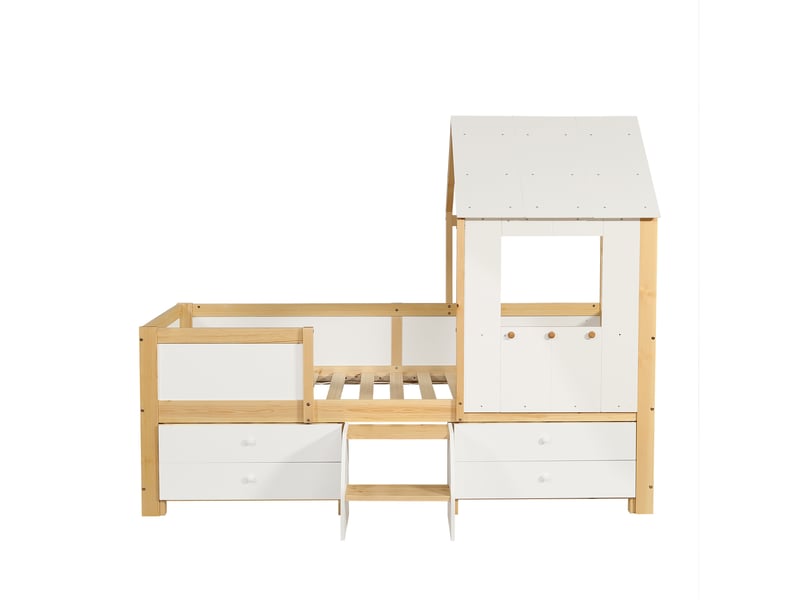  Lit enfant, lit mezzanine, lit cabane avec toit et fenêtre, barrière sur les quatre côtés, avec 4 tiroirs et petit escalier, pin + mdf + contreplaqué, blanc + naturel, 90 x 200 cm  - Conforama D