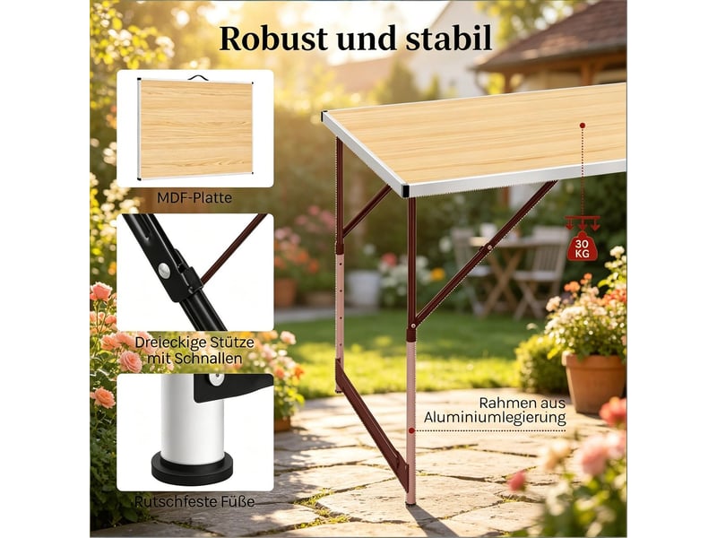 Table à manger réglable en hauteur plateau pliable usage extérieur table de camping - Conforama E