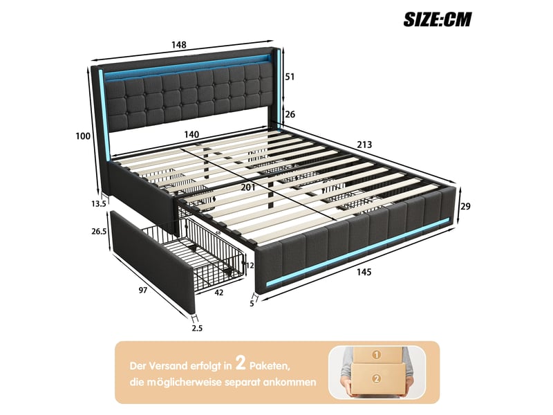  Lit double avec rangement 140x200 cm, usb, 4 tiroirs, éclairage led, tissu aspect lin, bois et mdf, gris foncé, sans matelas  - Conforama C