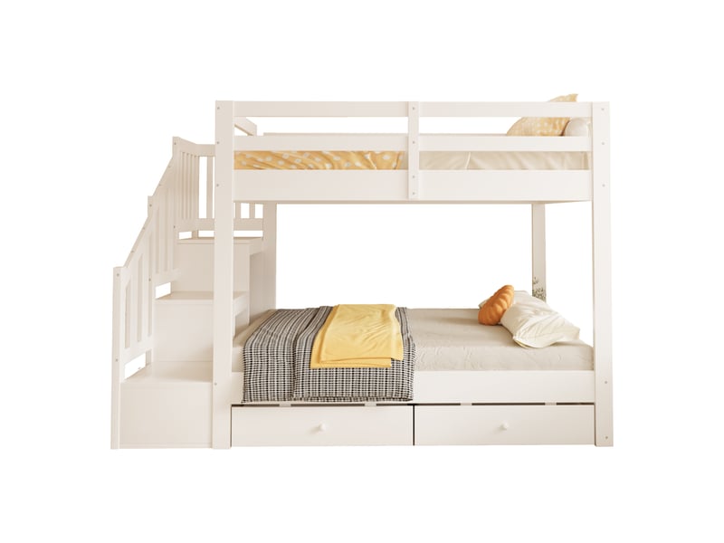  Lit superposé 2 places 140x200 cm avec escalier de rangement, 2 tiroirs, penderie, garde-corps, sommiers à lattes, pin et mdf blanc  - Conforama A