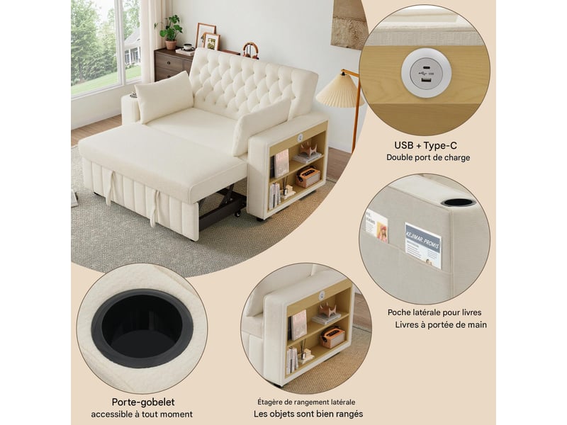  Canapé convertible 2 places en tissu chenille beige N653P9830A - Conforama D