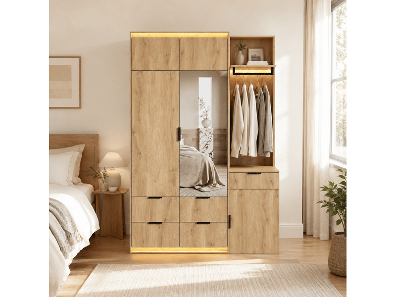  Ensemble dressing 135x47x200 cm avec miroir, led et 5 tiroirs décor chêne  - Conforama E