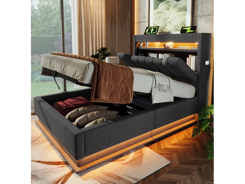  Lit coffre 90x200 cm gris en lin avec led, usb et usb-c  - Conforama D