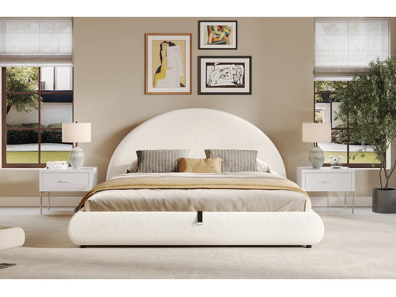  Lit coffre hydraulique douple place 180x200 cm, grand stockage, sommier à lattes, lit adulte et enfant, bouclé, blanc, sans matelas  - Conforama E