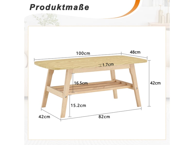  Table basse de salon 100x48x42 cm - table basse en bois massif avec étagère à lattes et double niveau de rangement – naturel  - Conforama C