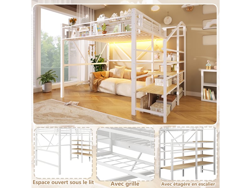  Lit superposé 140x200 cm, lit enfant, rangement, étagères, led, bois et métal blanc  - Conforama R