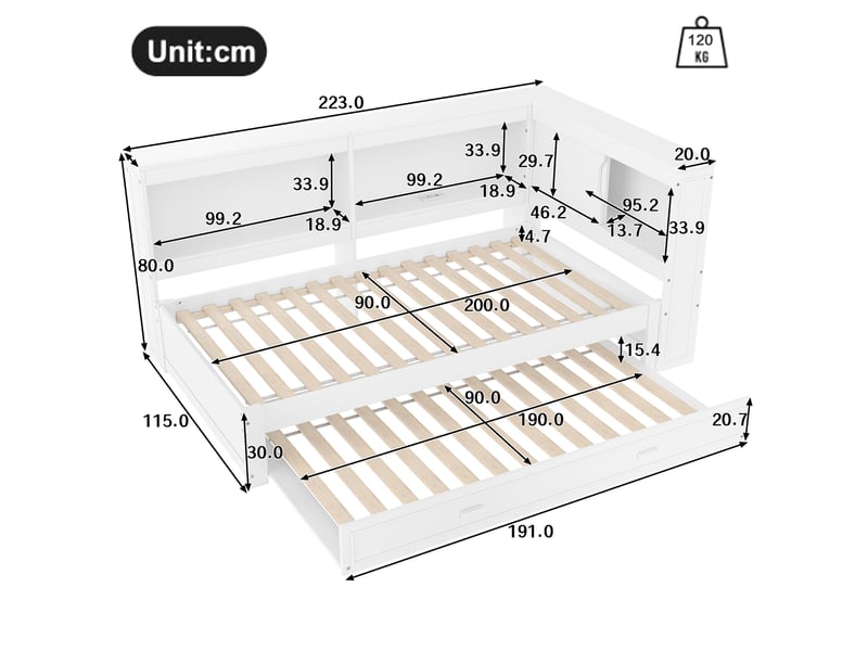  Lit enfant 90x200 cm, avec lit gigogne, led intégrée, port usb-c, 2 sommiers, mdf et pin, blanc, moderne, sans matelas  - Conforama C