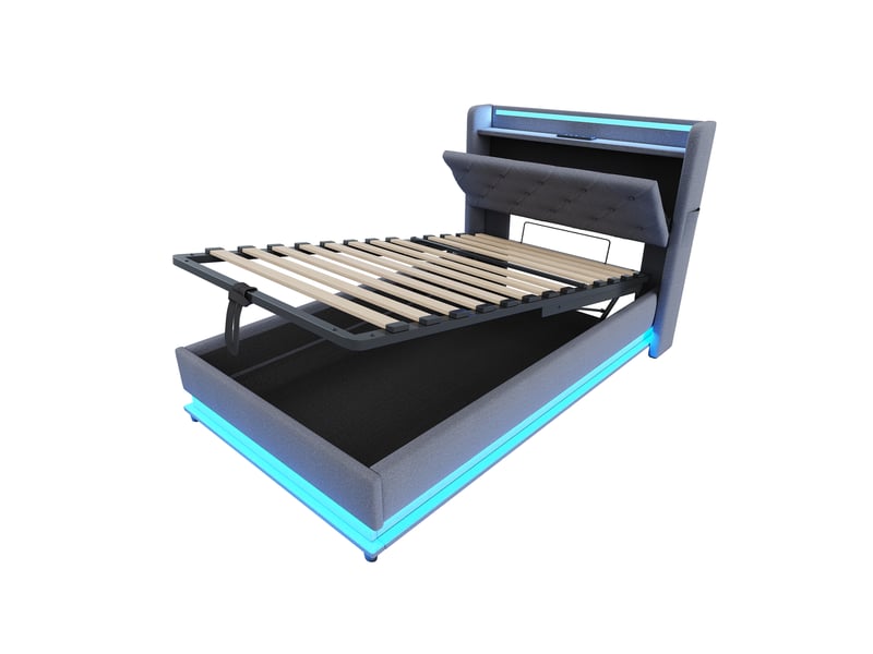 Lit enfant rembourré 90x200 cm, avec usb c et led, tête de lit relevable, coffre hydraulique, poches latérales, sans matelas, gris  - Conforama W